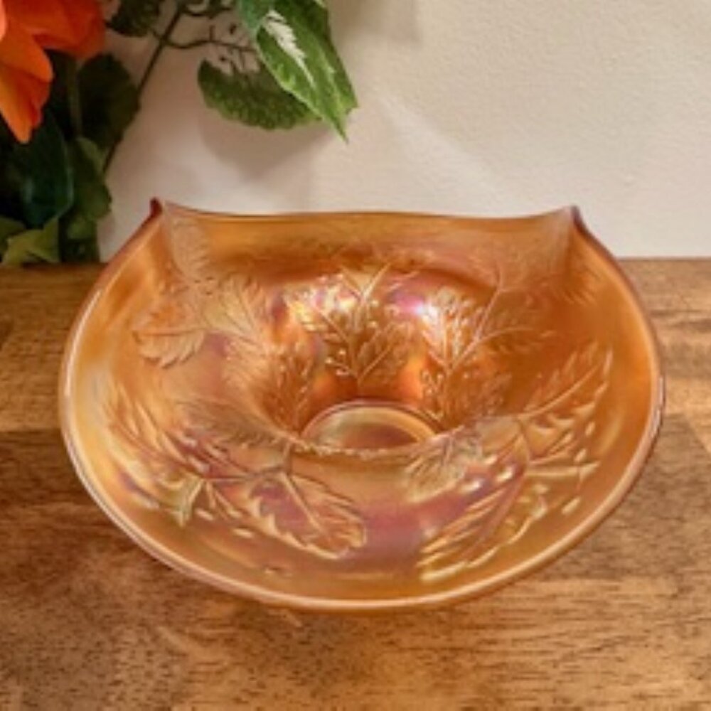Fenton Marigold Carnival Glass Bowl Vintage Ruffled Thumbprint Dish Iridescent L